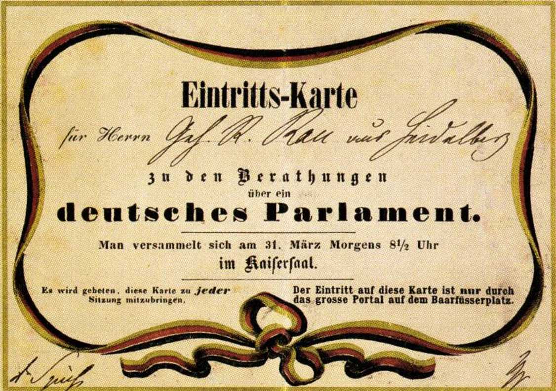 Vstupní lístek (průkaz) tajného rady Rau-a z Heidelbergu k  jednáním připravujícím svolání Německého národního shromáždění (březen 1848).
