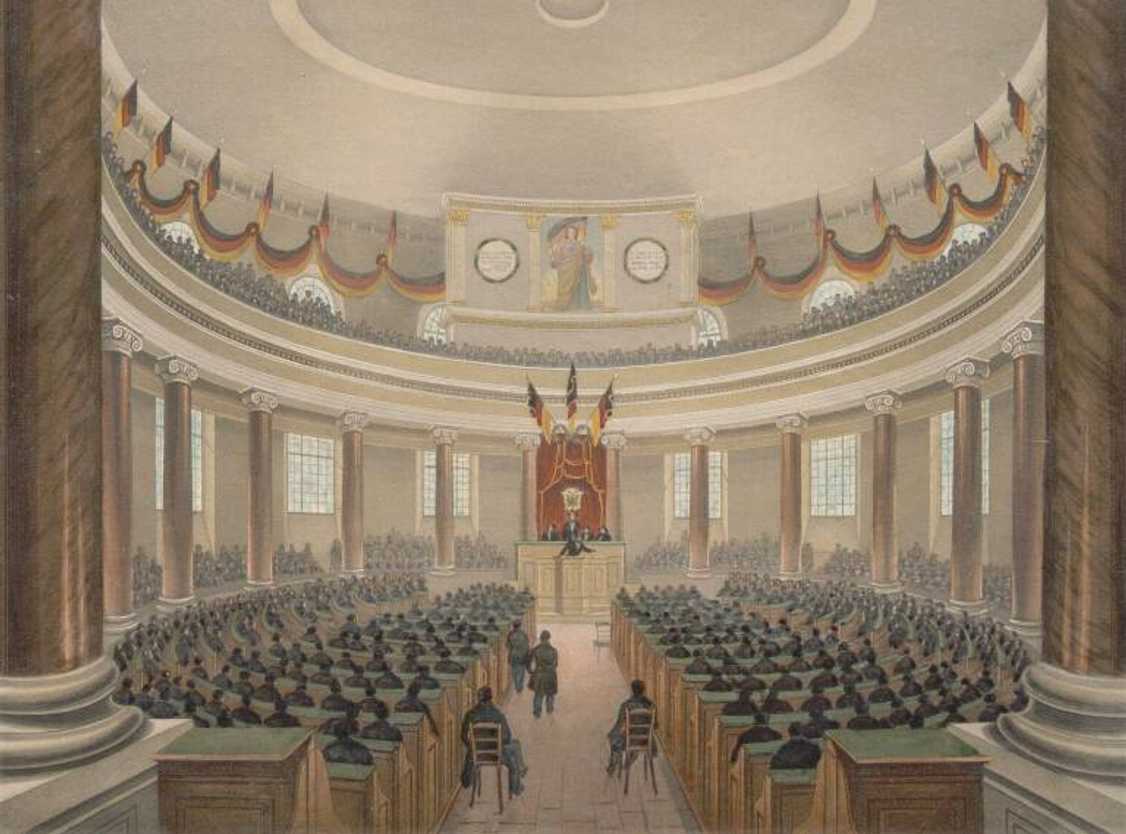 Pohled do jednacího sálu Německého národního shromáždění ve Frankfurtu nad Mohanem (1848).
